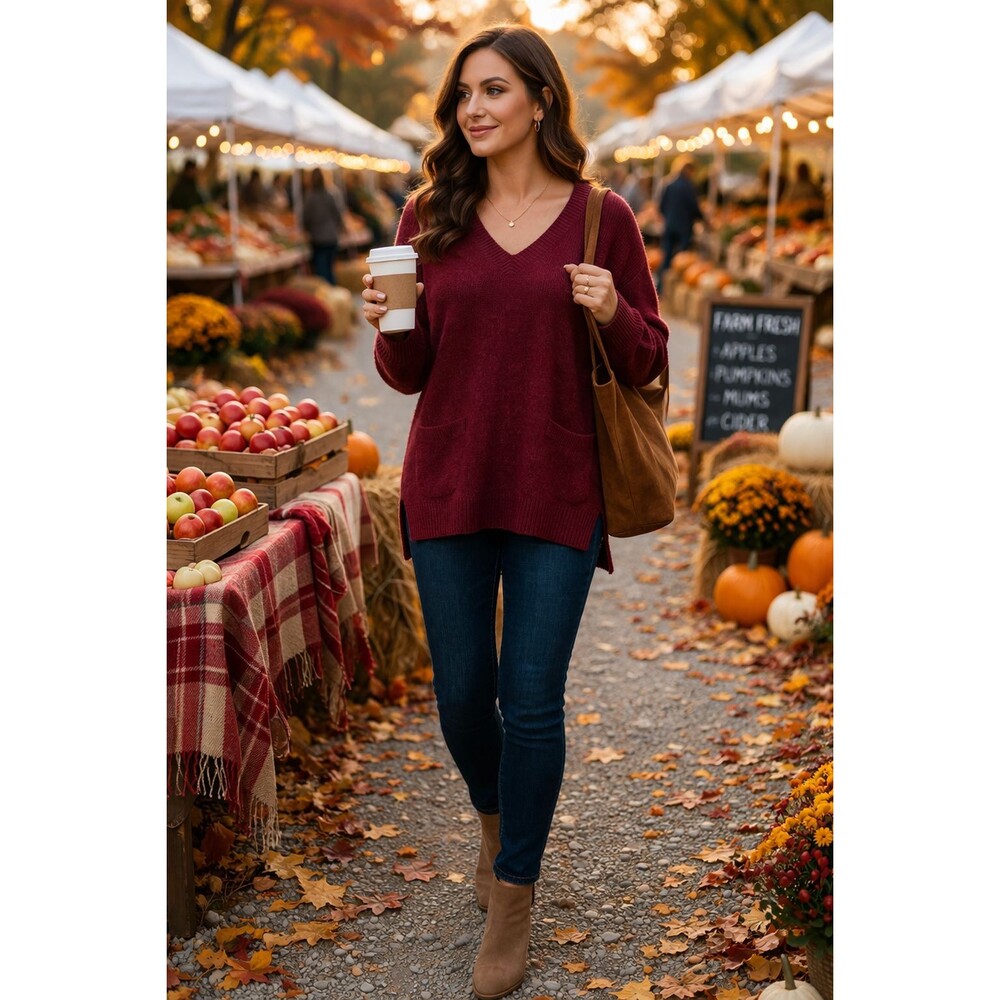 J. Crew Women's Burgundy V-Neck Front-Pocket Tunic Sweater Alpaca Blend Sz Small